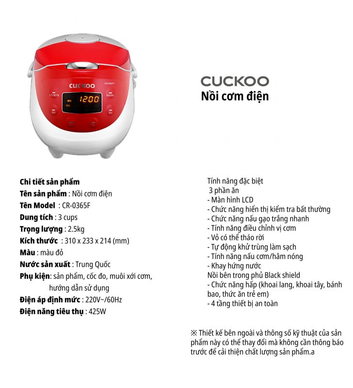 Nồi cơm điện tử CUCKOO CR-0365F/RDWHVNCV MÀU TRẮNG ĐỎ DUNG TÍCH 0.54L 4