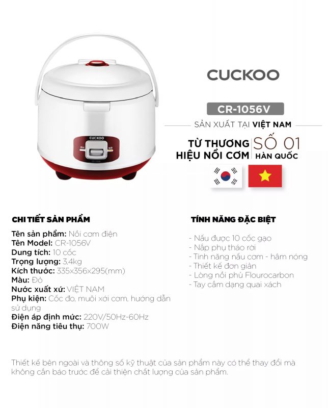 Nồi cơm điện CUCKOO CR-1056V/WHRDVN MÀU TRẮNG ĐỎ DUNG TÍCH 1.8L 4