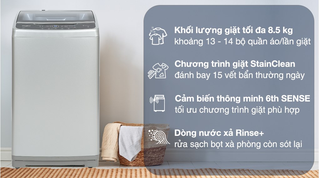 Máy giặt lồng đứng Whirlpool VWVC8502FS STAINCLEAN 8.5KG BẠC