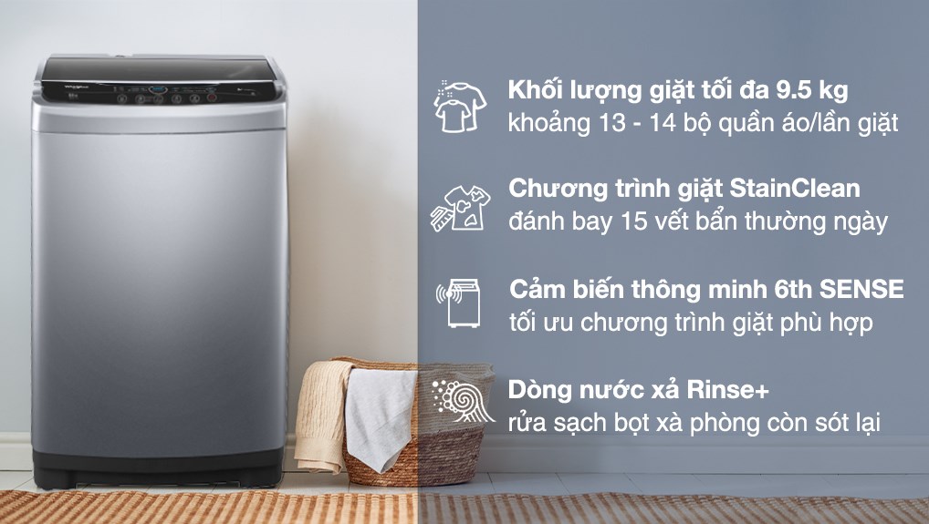 Máy giặt lồng đứng Whirlpool VWVC9502FS 9.5KG SILVER Non-inverter