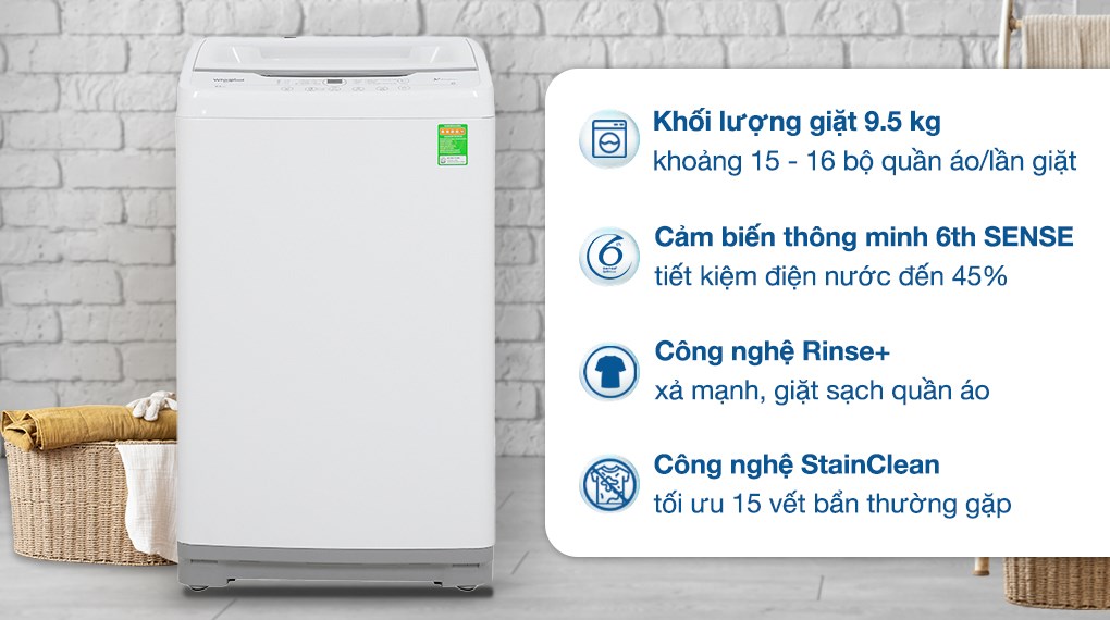 Máy giặt lồng đứng Whirlpool VWVC9502FW STAINCLEAN 9.5KG TRẮNG